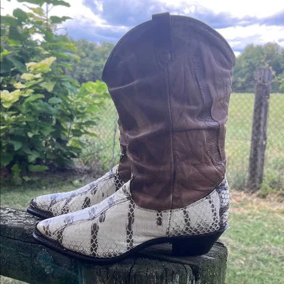Dingo Brown and White Snake Print Heeled Boots - Picture 4 of 11